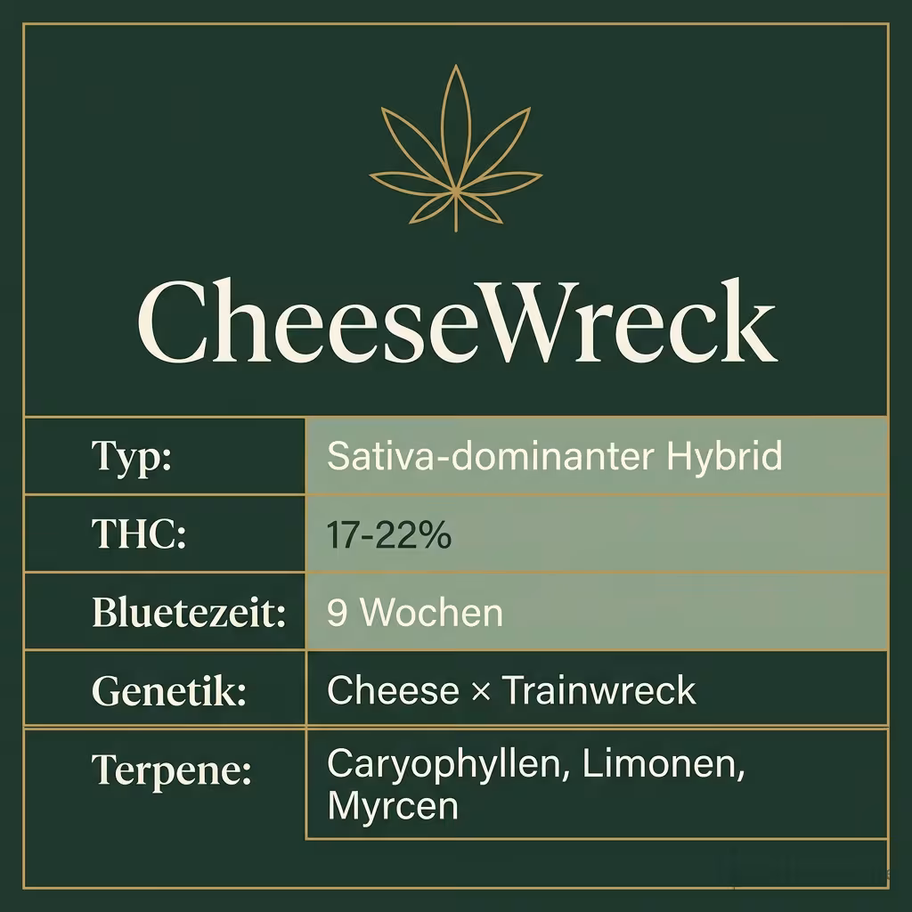 Infografik mit CheeseWreck Key Facts: Typ Sativa-dominanter Hybrid, THC 17-22%, Bluetezeit 9 Wochen, Genetik Cheese × Trainwreck und Terpene Caryophyllen, Limonen, Myrcen