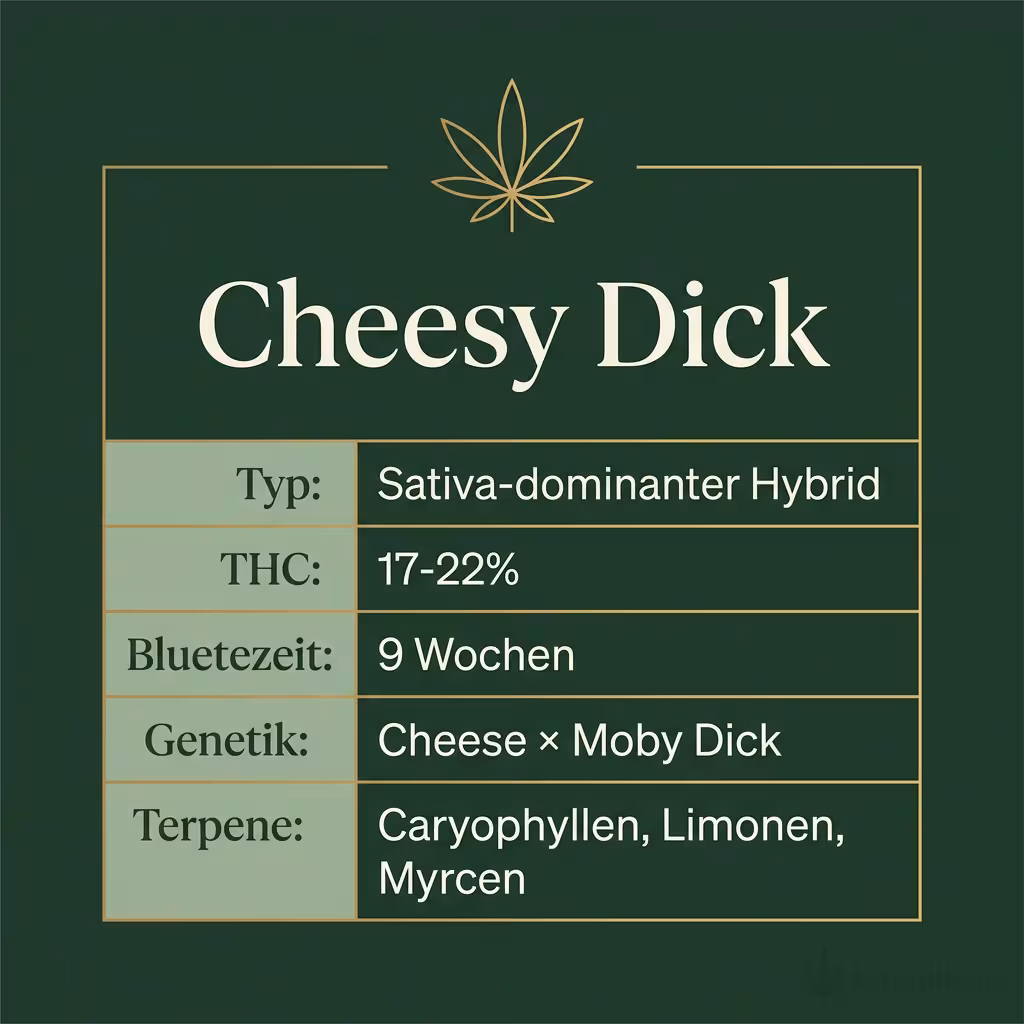 Infografik mit Cheesy Dick Key Facts: Typ Sativa-dominanter Hybrid, THC 17-22%, Bluetezeit 9 Wochen, Genetik Cheese × Moby Dick und Terpene Caryophyllen, Limonen, Myrcen