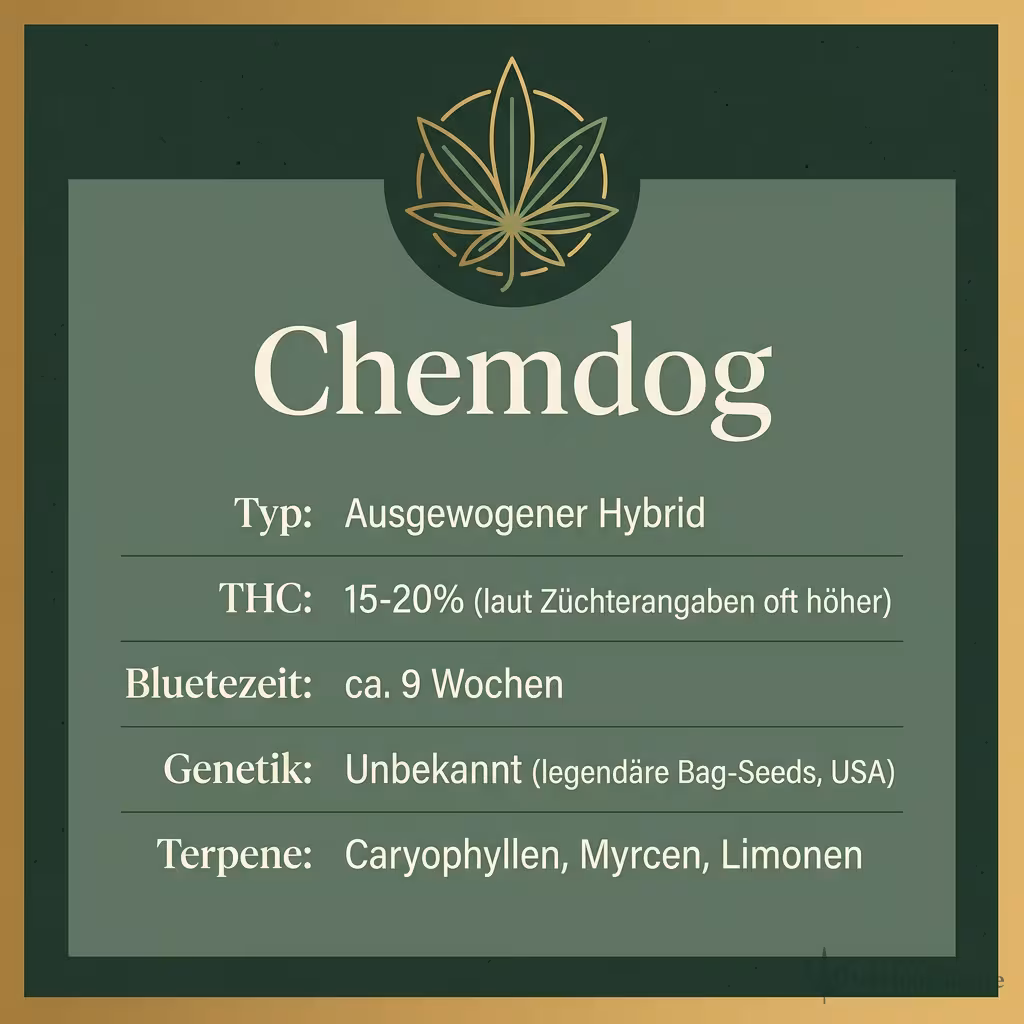 Infografik mit Chemdog Key Facts: Typ ausgewogener Hybrid, THC 15-20%, Bluetezeit 9 Wochen, Genetik unbekannte Landrassen und Terpene Caryophyllen, Myrcen, Limonen