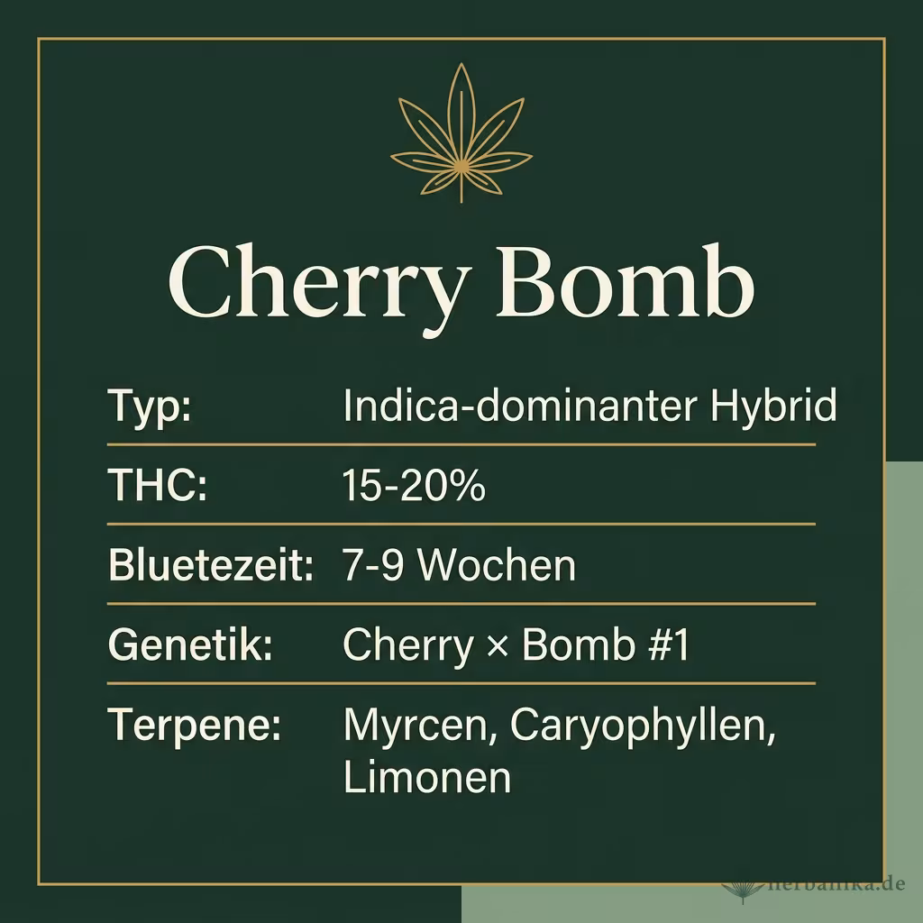 Infografik mit Cherry-Bomb Key Facts: Typ Indica-dominanter Hybrid, THC 15-20%, Bluetezeit 7-9 Wochen, Genetik Cherry x Bomb 1 und Terpene Myrcen, Caryophyllen, Limonen