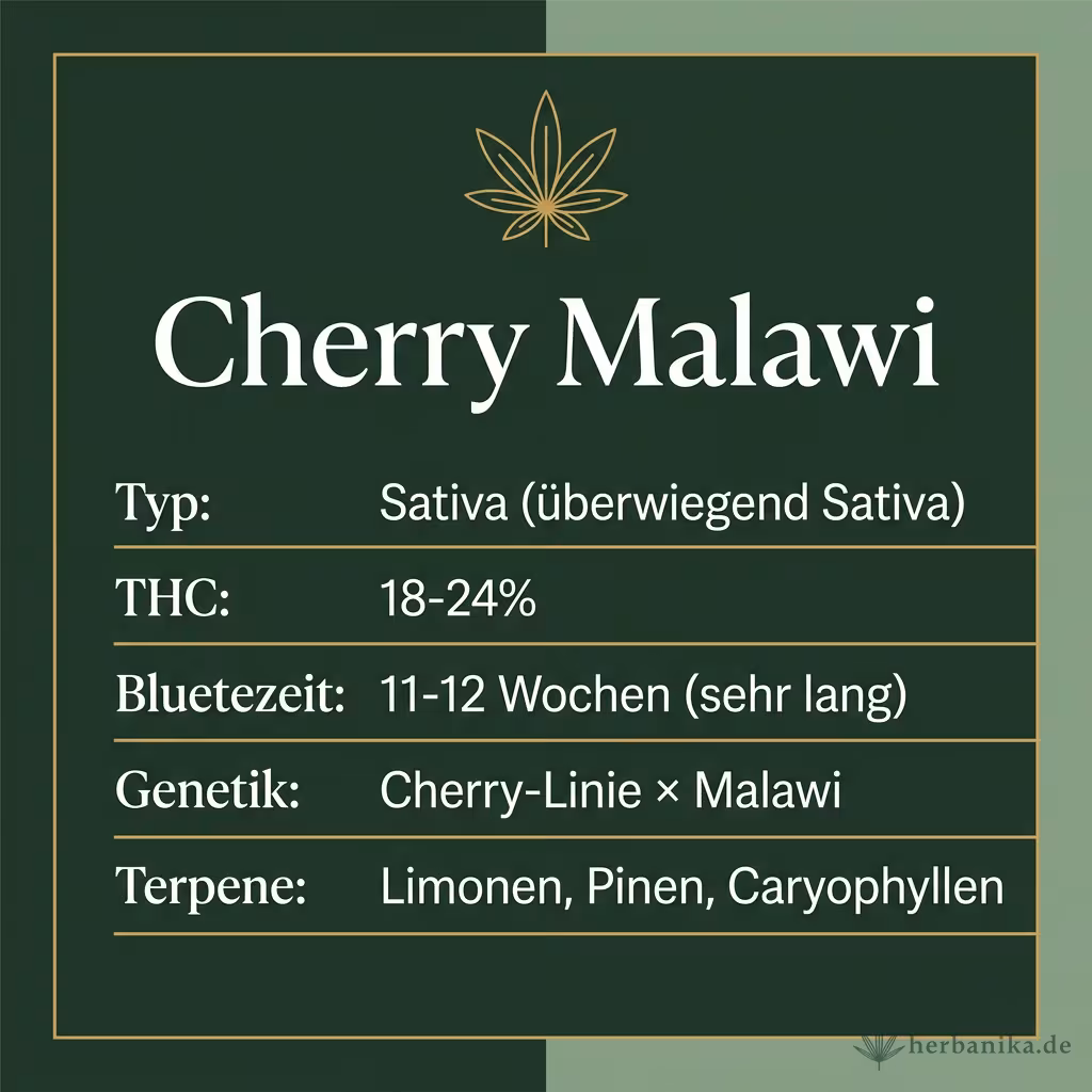 Infografik mit Cherry Malawi Key Facts: Typ Sativa (überwiegend Sativa), THC 18-24%, Bluetezeit 11-12 Wochen (sehr lang), Genetik Cherry-Linie × Malawi und Terpene Limonen, Pinen, Caryophyllen