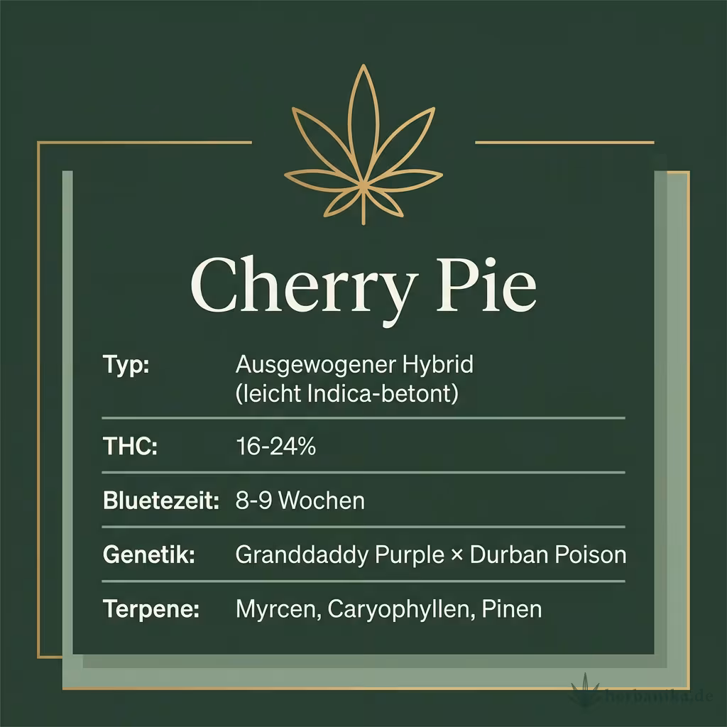 Infografik mit Cherry-Pie Key Facts: Typ ausgewogener Hybrid, THC 16-24%, Bluetezeit 8-9 Wochen, Genetik Granddaddy Purple x Durban Poison und Terpene Myrcen, Caryophyllen, Pinen