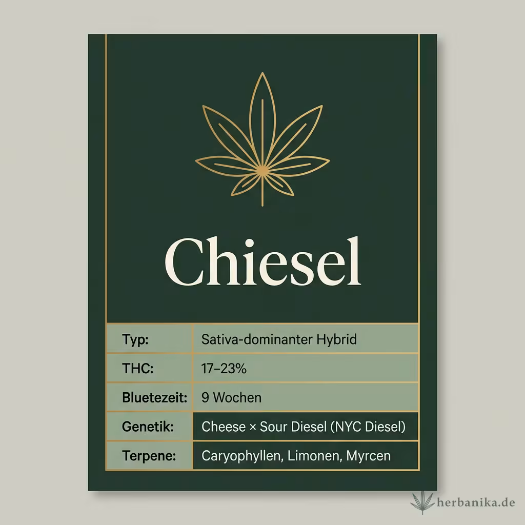 Infografik mit Chiesel Key Facts: Typ Sativa-dominanter Hybrid, THC 17-23%, Bluetezeit 9 Wochen, Genetik Cheese × Sour Diesel (NYC Diesel) und Terpene Caryophyllen, Limonen, Myrcen
