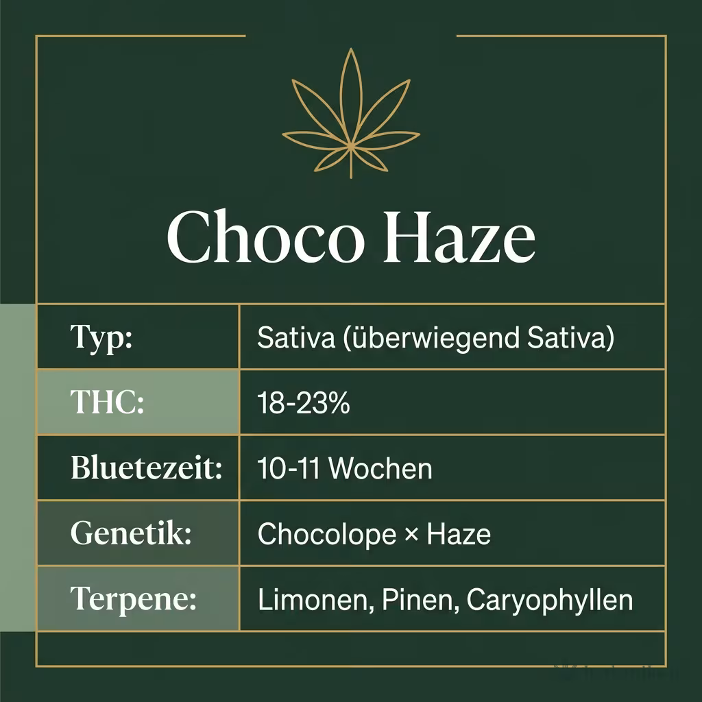 Infografik mit Choco Haze Key Facts: Typ Sativa (überwiegend Sativa), THC 18-23%, Bluetezeit 10-11 Wochen, Genetik Chocolope × Haze und Terpene Limonen, Pinen, Caryophyllen