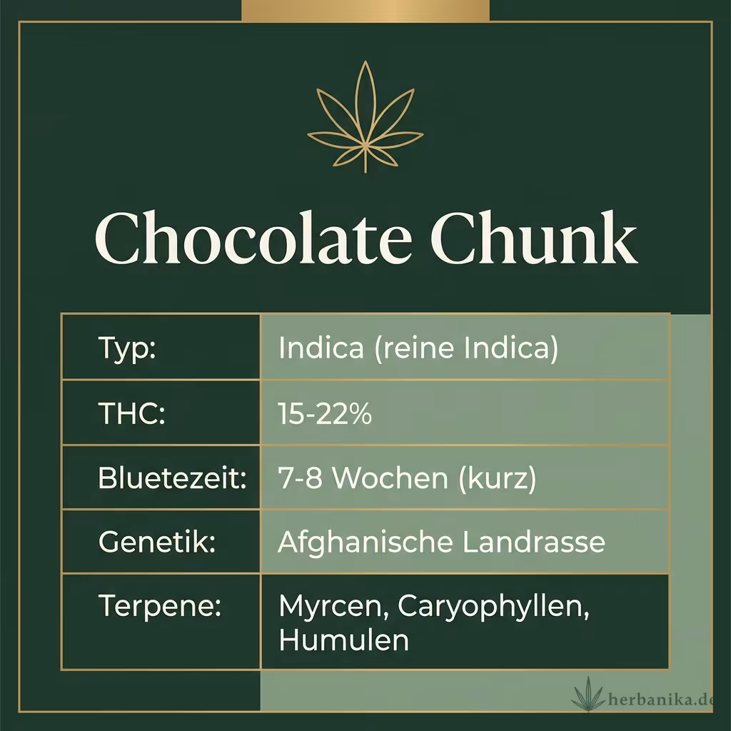 Infografik mit Chocolate Chunk Key Facts: Typ Indica (reine Indica), THC 15-22%, Bluetezeit 7-8 Wochen (kurz), Genetik Afghanische Landrasse und Terpene Myrcen, Caryophyllen, Humulen