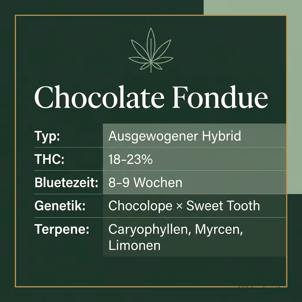 Infografik mit Chocolate Fondue Key Facts: Typ Ausgewogener Hybrid, THC 18-23%, Bluetezeit 8-9 Wochen, Genetik Chocolope × Sweet Tooth und Terpene Caryophyllen, Myrcen, Limonen