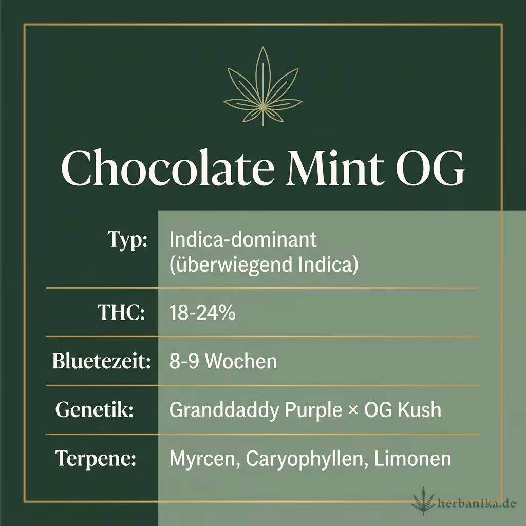 Infografik mit Chocolate Mint OG Key Facts: Typ Indica-dominant (überwiegend Indica), THC 18-24%, Bluetezeit 8-9 Wochen, Genetik Granddaddy Purple × OG Kush und Terpene Myrcen, Caryophyllen, Limonen
