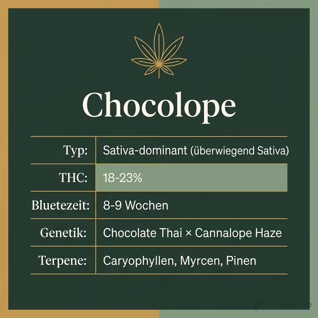 Infografik mit Chocolope Key Facts: Typ Sativa-dominant, THC 18-23%, Bluetezeit 8-9 Wochen, Genetik Chocolate Thai x Cannalope Haze und Terpene Caryophyllen, Myrcen, Pinen