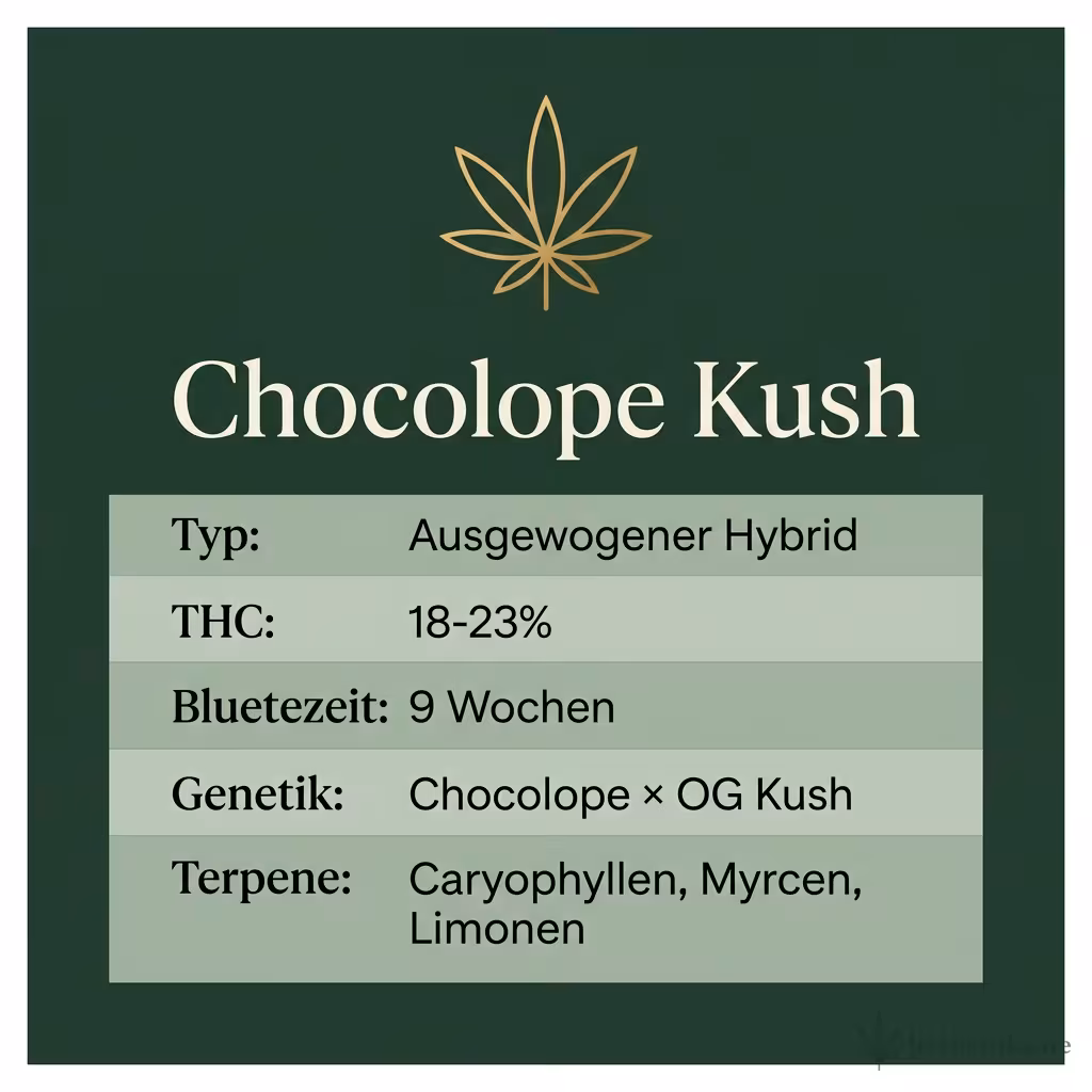 Infografik mit Chocolope Kush Key Facts: Typ Ausgewogener Hybrid, THC 18-23%, Bluetezeit 9 Wochen, Genetik Chocolope × OG Kush und Terpene Caryophyllen, Myrcen, Limonen