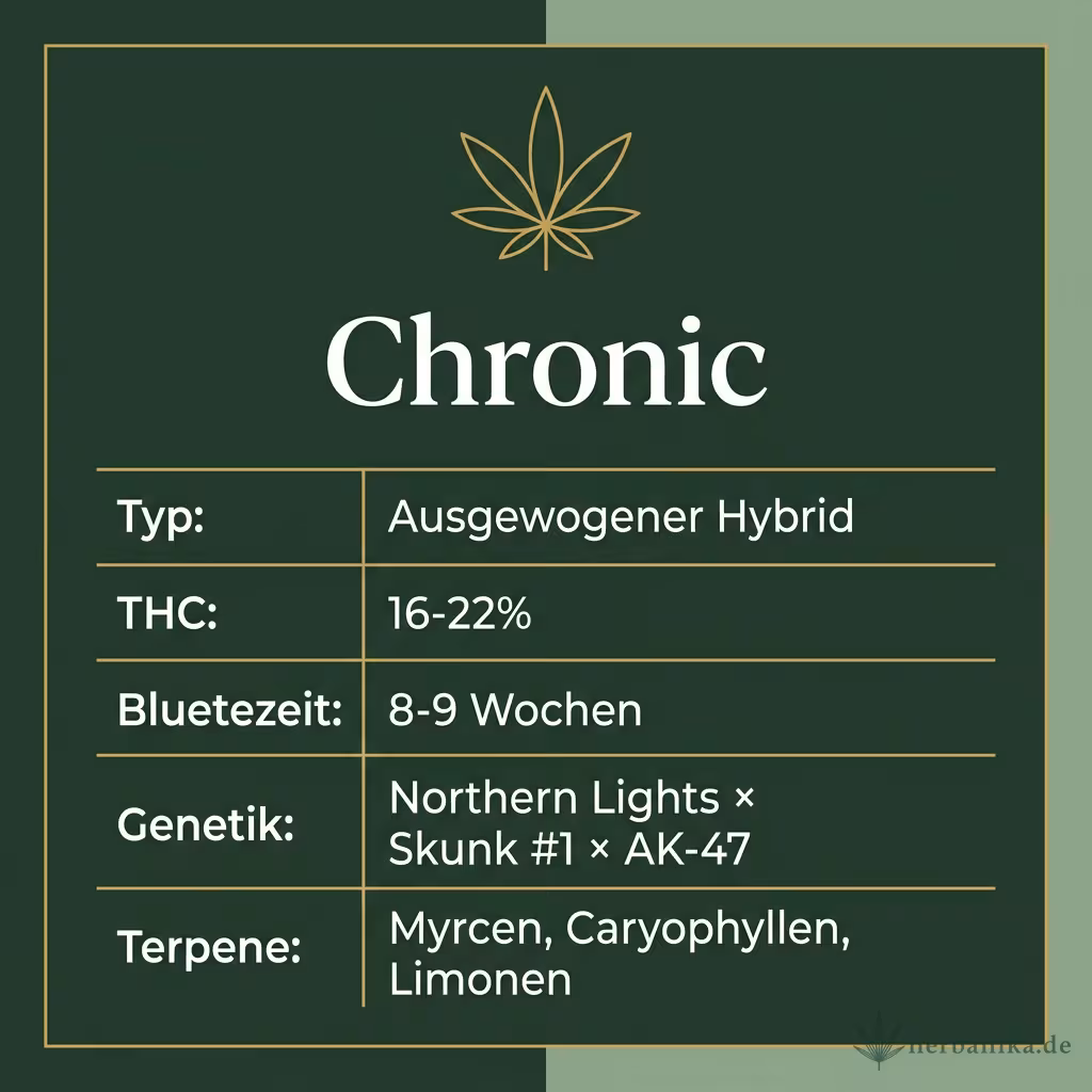 Infografik mit Chronic Key Facts: Typ Ausgewogener Hybrid, THC 16-22%, Bluetezeit 8-9 Wochen, Genetik Northern Lights × Skunk #1 × AK-47 und Terpene Myrcen, Caryophyllen, Limonen
