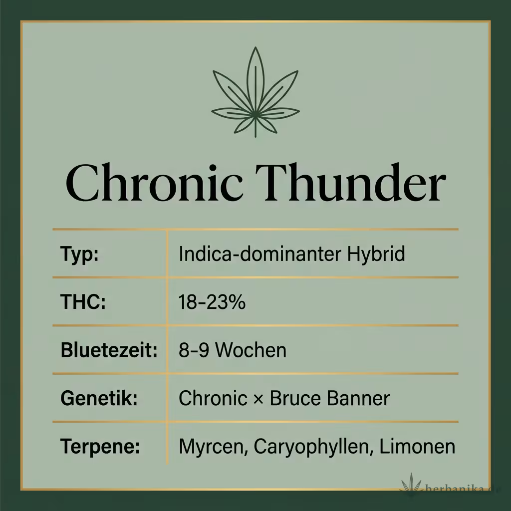 Infografik mit Chronic Thunder Key Facts: Typ Indica-dominanter Hybrid, THC 18-23%, Bluetezeit 8-9 Wochen, Genetik Chronic × Bruce Banner und Terpene Myrcen, Caryophyllen, Limonen