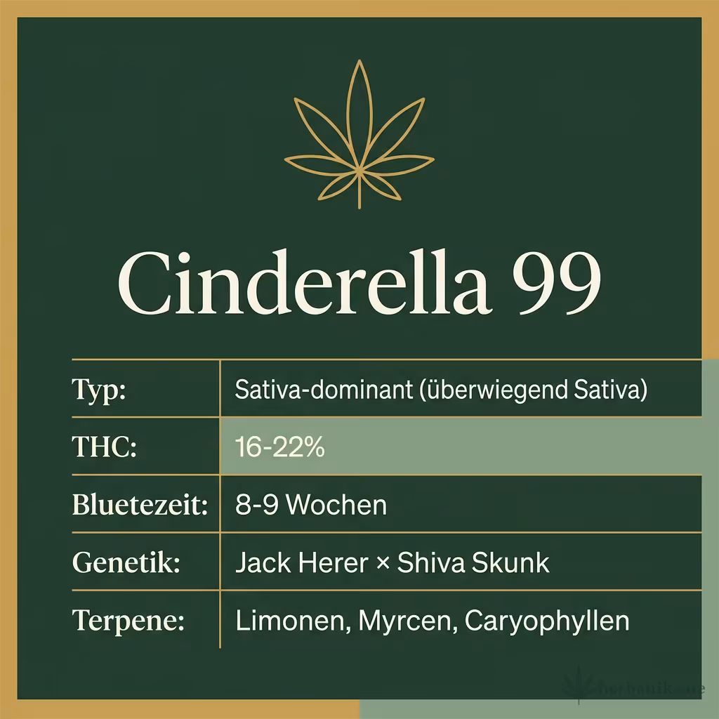 Infografik mit Cinderella 99 Key Facts: Typ Sativa-dominant (überwiegend Sativa), THC 16-22%, Bluetezeit 8-9 Wochen, Genetik Jack Herer × Shiva Skunk und Terpene Limonen, Myrcen, Caryophyllen