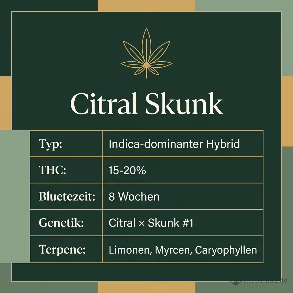 Infografik mit Citral Skunk Key Facts: Typ Indica-dominanter Hybrid, THC 15-20%, Bluetezeit 8 Wochen, Genetik Citral × Skunk #1 und Terpene Limonen, Myrcen, Caryophyllen