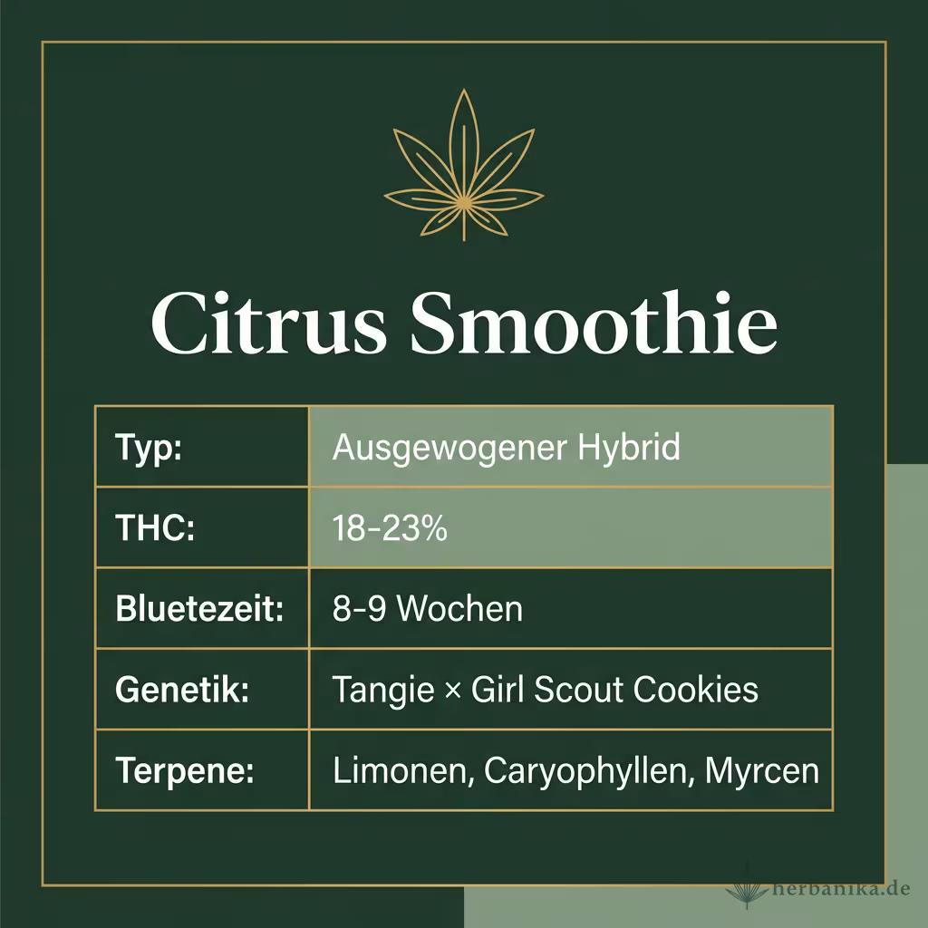 Infografik mit Citrus Smoothie Key Facts: Typ Ausgewogener Hybrid, THC 18-23%, Bluetezeit 8-9 Wochen, Genetik Tangie × Girl Scout Cookies und Terpene Limonen, Caryophyllen, Myrcen