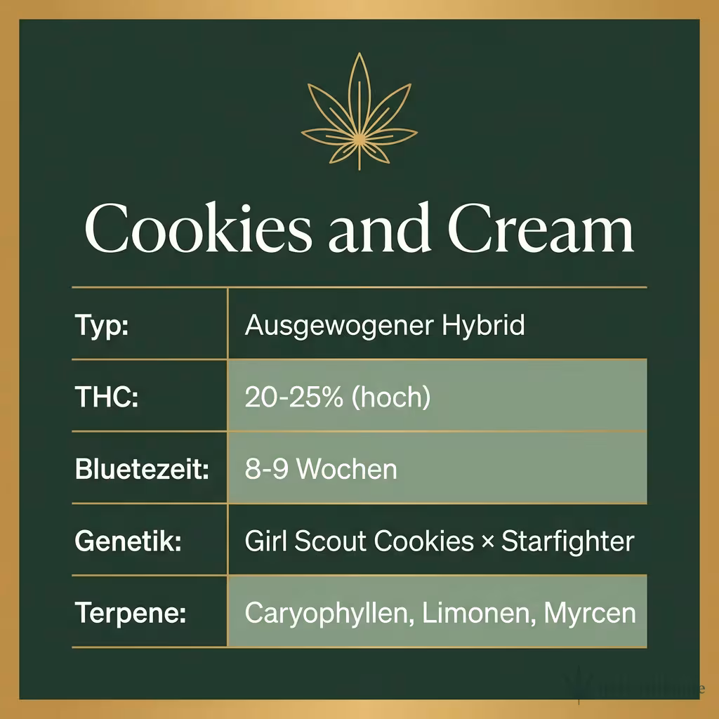 Infografik mit Cookies and Cream Key Facts: Typ Ausgewogener Hybrid, THC 20-25% (hoch), Bluetezeit 8-9 Wochen, Genetik Girl Scout Cookies × Starfighter und Terpene Caryophyllen, Limonen, Myrcen