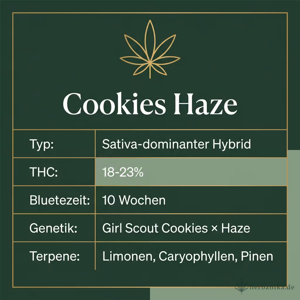 Infografik mit Cookies Haze Key Facts: Typ Sativa-dominanter Hybrid, THC 18-23%, Bluetezeit 10 Wochen, Genetik Girl Scout Cookies × Haze und Terpene Limonen, Caryophyllen, Pinen