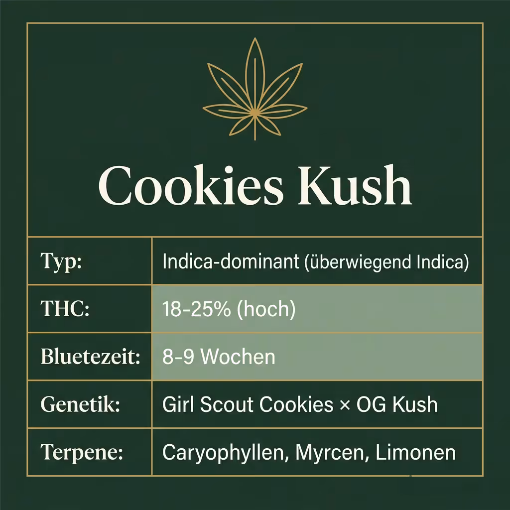 Infografik mit Cookies Kush Key Facts: Typ Indica-dominant (überwiegend Indica), THC 18-25% (hoch), Bluetezeit 8-9 Wochen, Genetik Girl Scout Cookies × OG Kush und Terpene Caryophyllen, Myrcen, Limonen