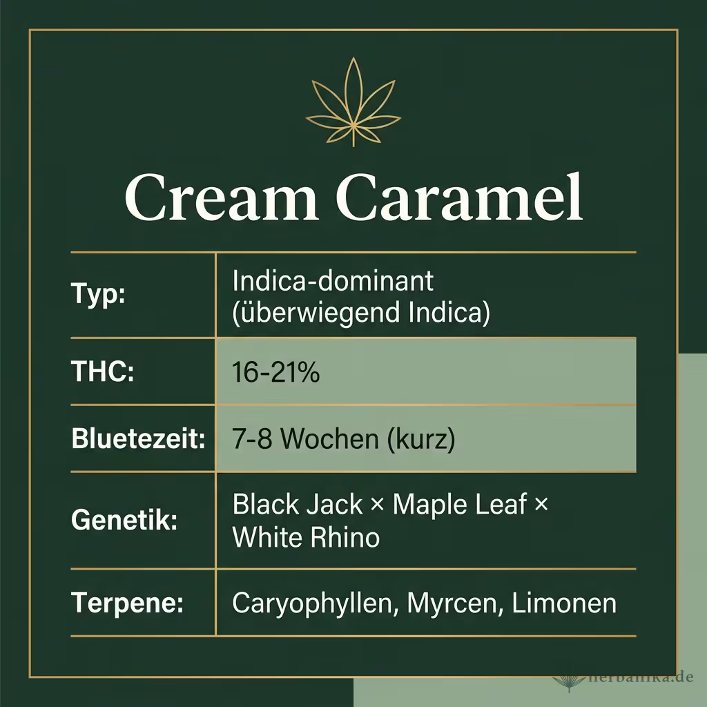 Infografik mit Cream Caramel Key Facts: Typ Indica-dominant (überwiegend Indica), THC 16-21%, Bluetezeit 7-8 Wochen (kurz), Genetik Black Jack × Maple Leaf × White Rhino und Terpene Caryophyllen, Myrcen, Limonen