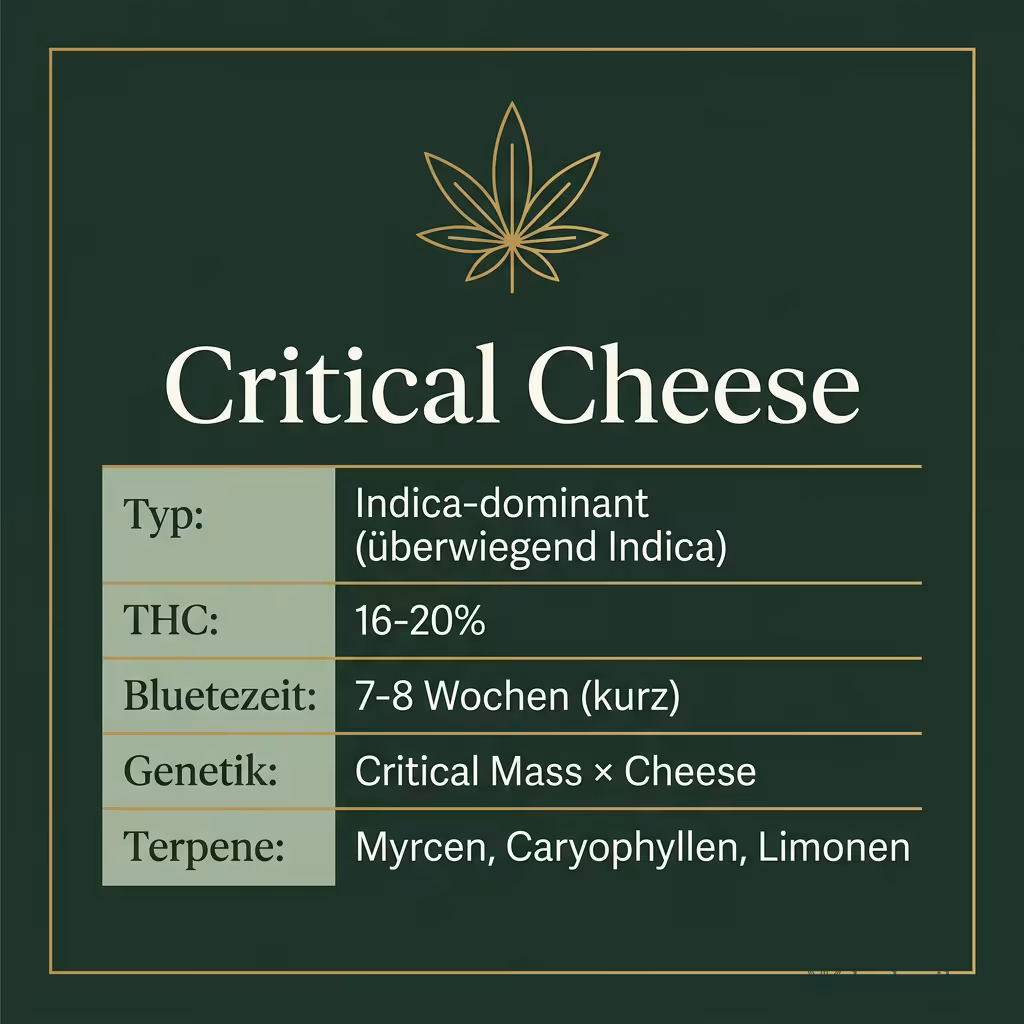 Infografik mit Critical Cheese Key Facts: Typ Indica-dominant (überwiegend Indica), THC 16-20%, Bluetezeit 7-8 Wochen (kurz), Genetik Critical Mass × Cheese und Terpene Myrcen, Caryophyllen, Limonen