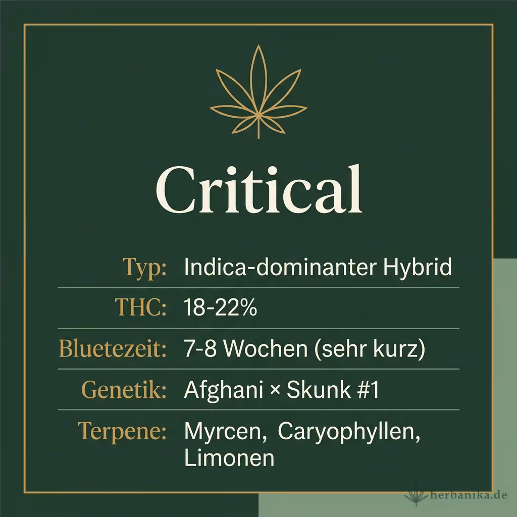 Infografik mit Critical Key Facts: Typ Indica-dominant, THC 18-22%, Bluetezeit 7-8 Wochen, Genetik Afghani x Skunk 1 und Terpene Myrcen, Caryophyllen, Limonen