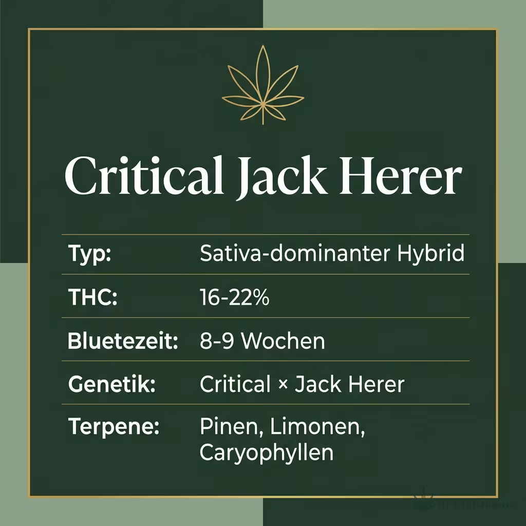 Infografik mit Critical Jack Herer Key Facts: Typ Sativa-dominanter Hybrid, THC 16-22%, Bluetezeit 8-9 Wochen, Genetik Critical × Jack Herer und Terpene Pinen, Limonen, Caryophyllen