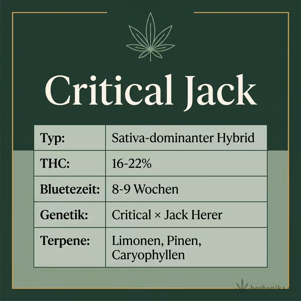 Infografik mit Critical Jack Key Facts: Typ Sativa-dominanter Hybrid, THC 16-22%, Bluetezeit 8-9 Wochen, Genetik Critical × Jack Herer und Terpene Limonen, Pinen, Caryophyllen
