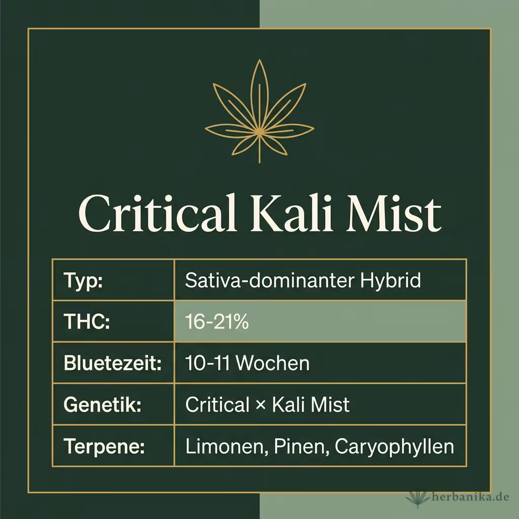 Infografik mit Critical Kali Mist Key Facts: Typ Sativa-dominanter Hybrid, THC 16-21%, Bluetezeit 10-11 Wochen, Genetik Critical × Kali Mist und Terpene Limonen, Pinen, Caryophyllen