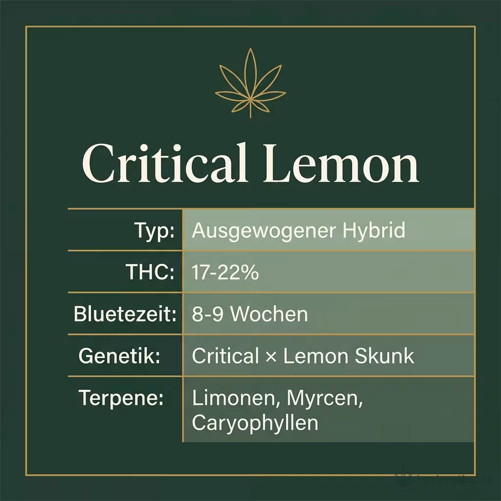 Infografik mit Critical Lemon Key Facts: Typ Ausgewogener Hybrid, THC 17-22%, Bluetezeit 8-9 Wochen, Genetik Critical × Lemon Skunk und Terpene Limonen, Myrcen, Caryophyllen