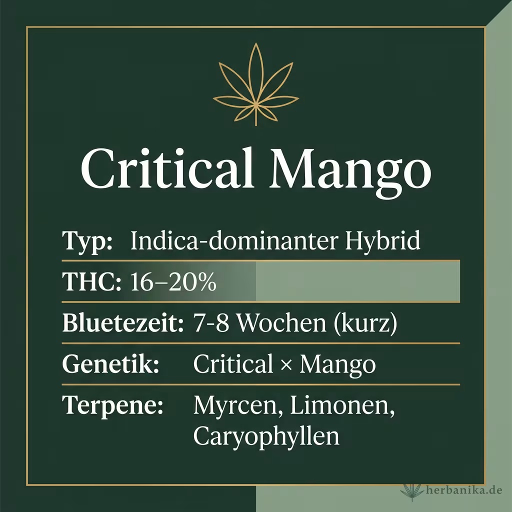 Infografik mit Critical Mango Key Facts: Typ Indica-dominanter Hybrid, THC 16-20%, Bluetezeit 7-8 Wochen (kurz), Genetik Critical × Mango und Terpene Myrcen, Limonen, Caryophyllen