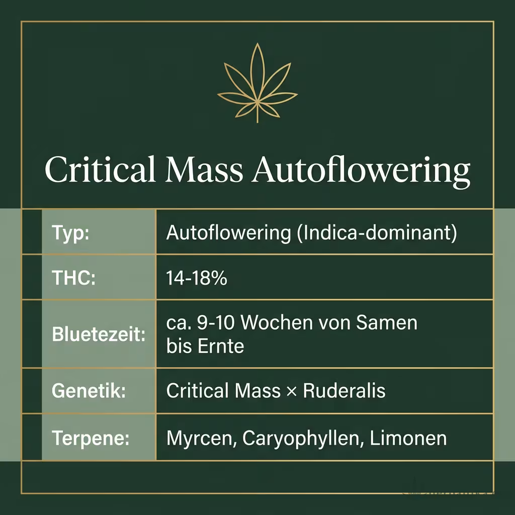 Infografik mit Critical Mass Autoflowering Key Facts: Typ Autoflowering (Indica-dominant), THC 14-18%, Bluetezeit ca. 9-10 Wochen von Samen bis Ernte, Genetik Critical Mass × Ruderalis und Terpene Myrcen, Caryophyllen, Limonen