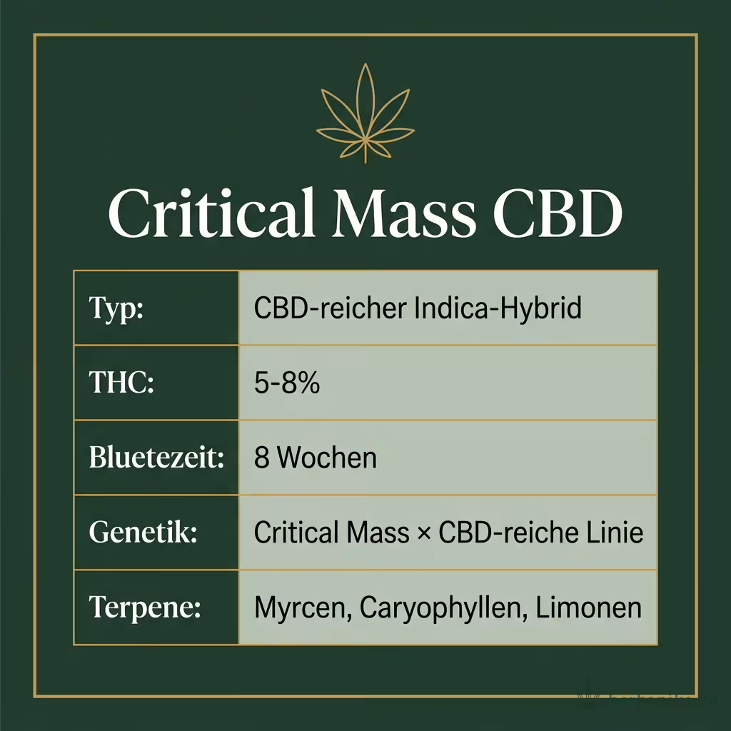 Infografik mit Critical Mass CBD Key Facts: Typ CBD-reicher Indica-Hybrid, THC 5-8%, Bluetezeit 8 Wochen, Genetik Critical Mass × CBD-reiche Linie und Terpene Myrcen, Caryophyllen, Limonen