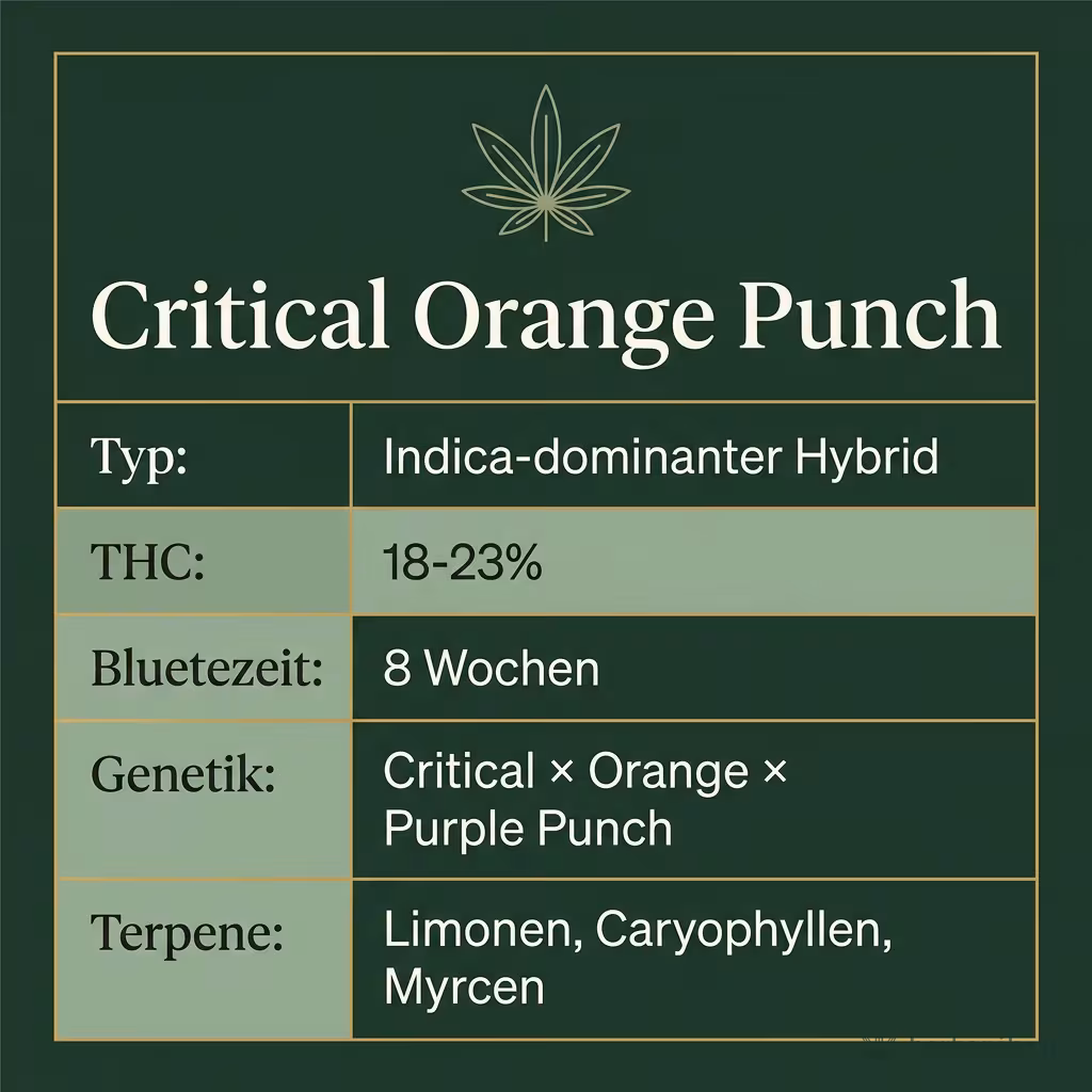Infografik mit Critical Orange Punch Key Facts: Typ Indica-dominanter Hybrid, THC 18-23%, Bluetezeit 8 Wochen, Genetik Critical × Orange × Purple Punch und Terpene Limonen, Caryophyllen, Myrcen