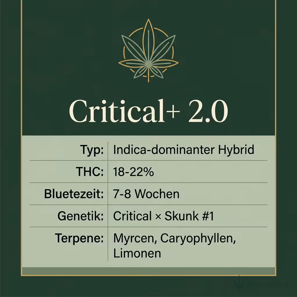 Infografik mit Critical+ 2.0 Key Facts: Typ Indica-dominanter Hybrid, THC 18-22%, Bluetezeit 7-8 Wochen, Genetik Critical × Skunk #1 und Terpene Myrcen, Caryophyllen, Limonen
