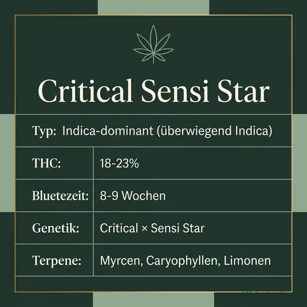 Infografik mit Critical Sensi Star Key Facts: Typ Indica-dominant (überwiegend Indica), THC 18-23%, Bluetezeit 8-9 Wochen, Genetik Critical × Sensi Star und Terpene Myrcen, Caryophyllen, Limonen
