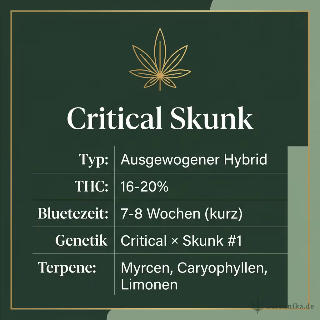 Infografik mit Critical Skunk Key Facts: Typ Ausgewogener Hybrid, THC 16-20%, Bluetezeit 7-8 Wochen (kurz), Genetik Critical × Skunk #1 und Terpene Myrcen, Caryophyllen, Limonen