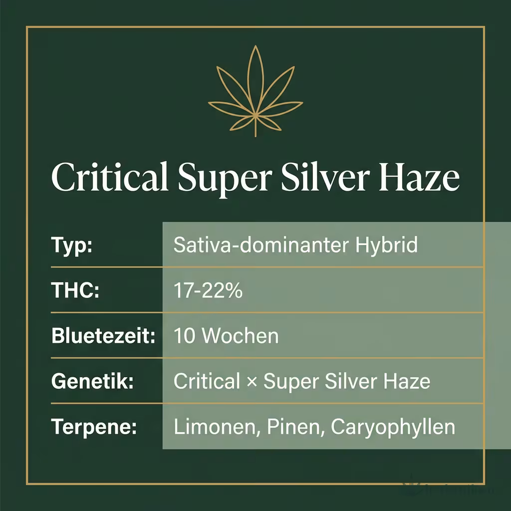 Infografik mit Critical Super Silver Haze Key Facts: Typ Sativa-dominanter Hybrid, THC 17-22%, Bluetezeit 10 Wochen, Genetik Critical × Super Silver Haze und Terpene Limonen, Pinen, Caryophyllen