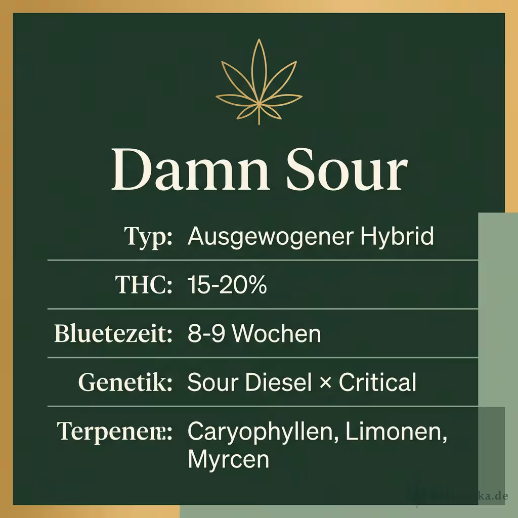 Infografik mit Damn Sour Key Facts: Typ Ausgewogener Hybrid, THC 15-20%, Bluetezeit 8-9 Wochen, Genetik Sour Diesel × Critical und Terpene Caryophyllen, Limonen, Myrcen