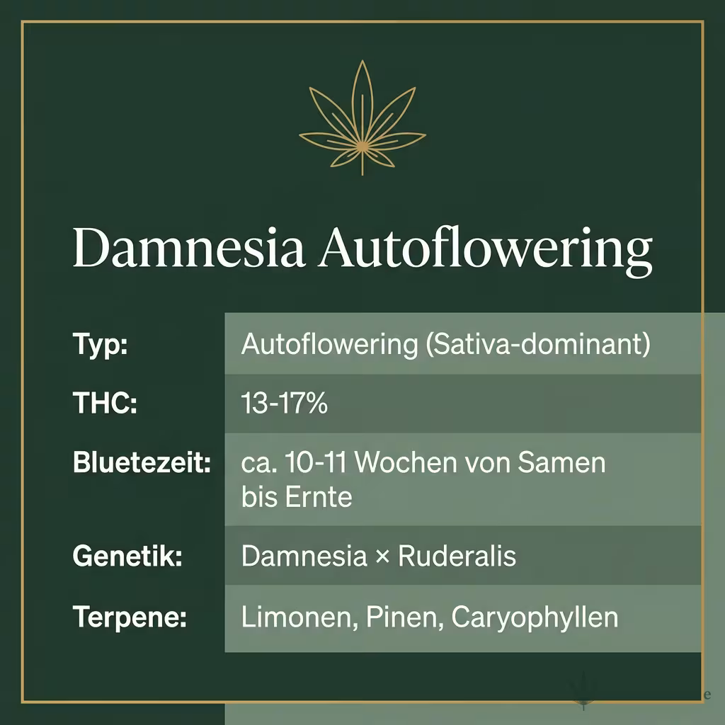 Infografik mit Damnesia Autoflowering Key Facts: Typ Autoflowering (Sativa-dominant), THC 13-17%, Bluetezeit ca. 10-11 Wochen von Samen bis Ernte, Genetik Damnesia × Ruderalis und Terpene Limonen, Pinen, Caryophyllen