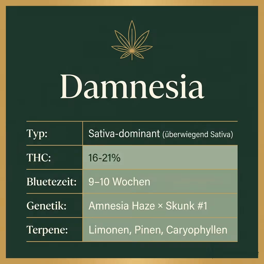 Infografik mit Damnesia Key Facts: Typ Sativa-dominant (überwiegend Sativa), THC 16-21%, Bluetezeit 9-10 Wochen, Genetik Amnesia Haze × Skunk #1 und Terpene Limonen, Pinen, Caryophyllen