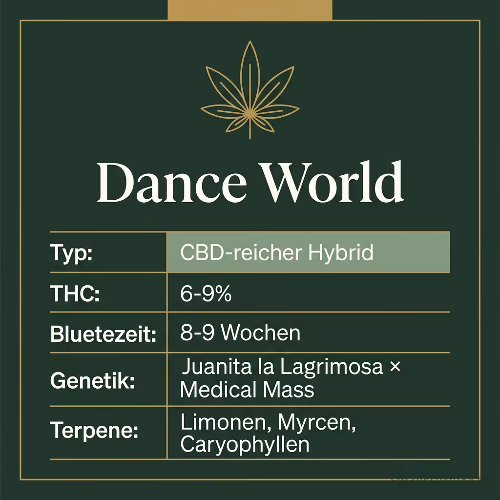 Infografik mit Dance World Key Facts: Typ CBD-reicher Hybrid, THC 6-9%, Bluetezeit 8-9 Wochen, Genetik Juanita la Lagrimosa × Medical Mass und Terpene Limonen, Myrcen, Caryophyllen