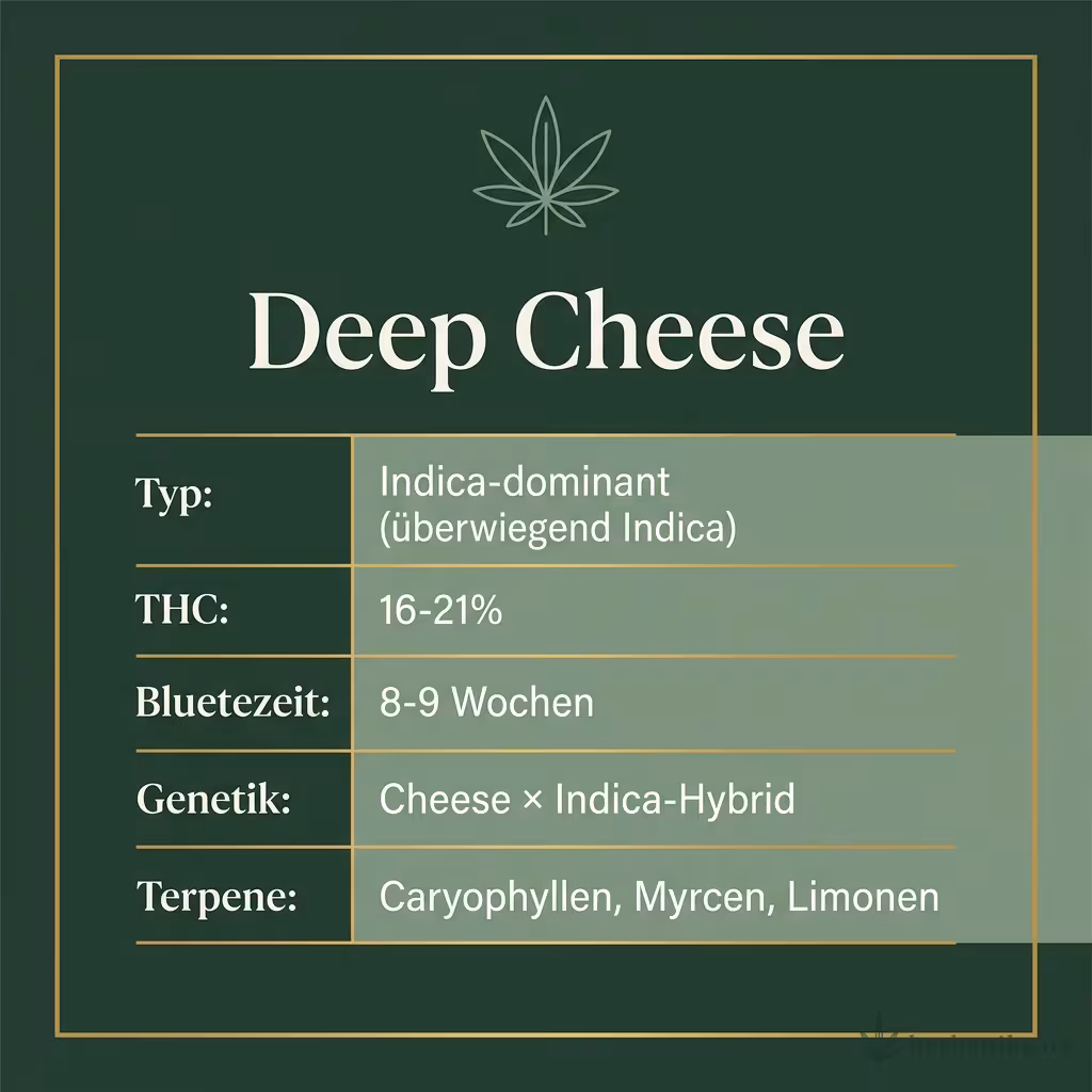 Infografik mit Deep Cheese Key Facts: Typ Indica-dominant (überwiegend Indica), THC 16-21%, Bluetezeit 8-9 Wochen, Genetik Cheese × Indica-Hybrid und Terpene Caryophyllen, Myrcen, Limonen