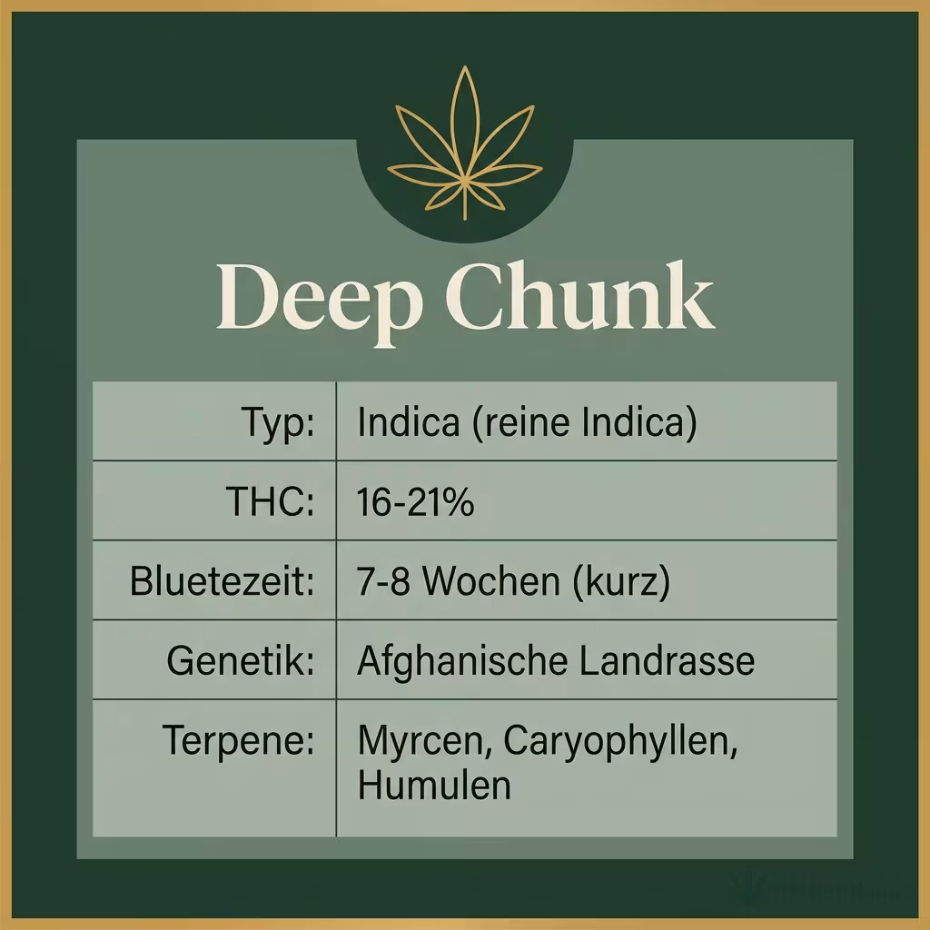 Infografik mit Deep Chunk Key Facts: Typ Indica (reine Indica), THC 16-21%, Bluetezeit 7-8 Wochen (kurz), Genetik Afghanische Landrasse und Terpene Myrcen, Caryophyllen, Humulen