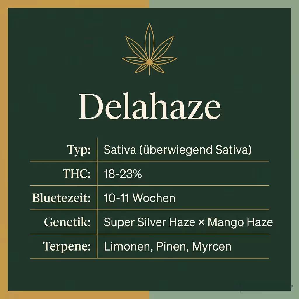 Infografik mit Delahaze Key Facts: Typ Sativa (überwiegend Sativa), THC 18-23%, Bluetezeit 10-11 Wochen, Genetik Super Silver Haze × Mango Haze und Terpene Limonen, Pinen, Myrcen
