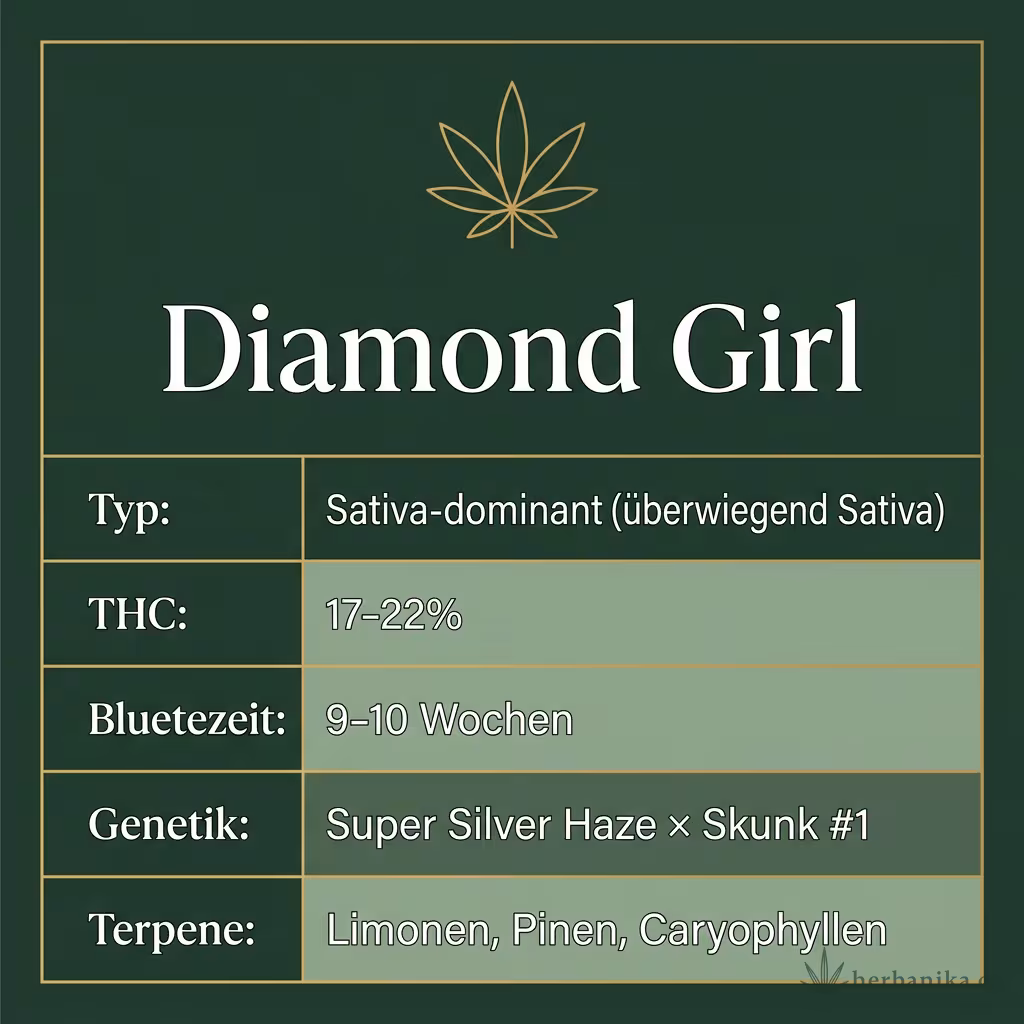 Infografik mit Diamond Girl Key Facts: Typ Sativa-dominant (überwiegend Sativa), THC 17-22%, Bluetezeit 9-10 Wochen, Genetik Super Silver Haze × Skunk #1 und Terpene Limonen, Pinen, Caryophyllen