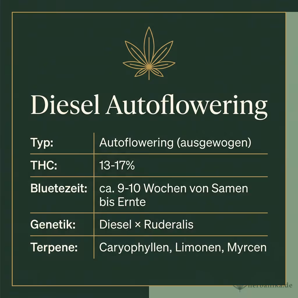 Infografik mit Diesel Autoflowering Key Facts: Typ Autoflowering (ausgewogen), THC 13-17%, Bluetezeit ca. 9-10 Wochen von Samen bis Ernte, Genetik Diesel × Ruderalis und Terpene Caryophyllen, Limonen, Myrcen