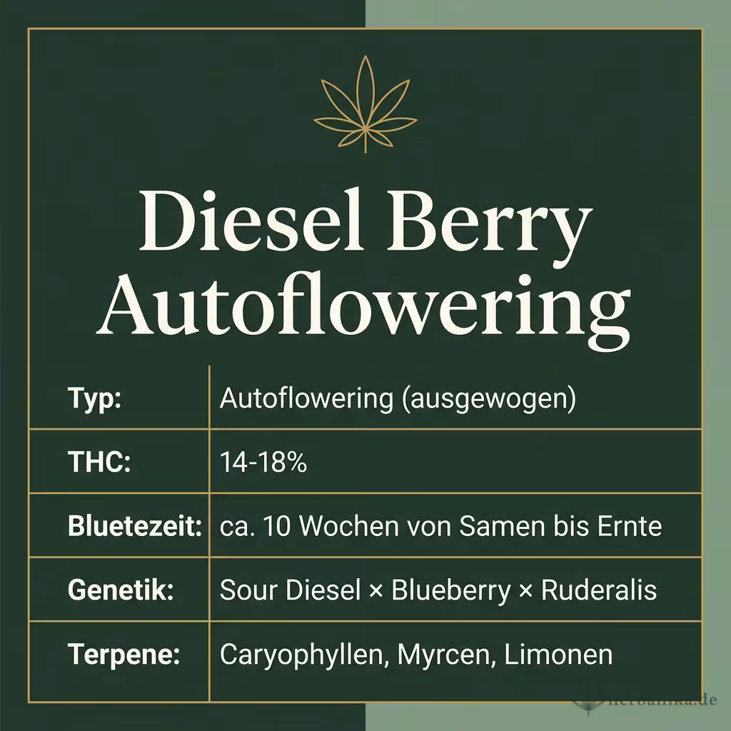 Infografik mit Diesel Berry Autoflowering Key Facts: Typ Autoflowering (ausgewogen), THC 14-18%, Bluetezeit ca. 10 Wochen von Samen bis Ernte, Genetik Sour Diesel × Blueberry × Ruderalis und Terpene Caryophyllen, Myrcen, Limonen