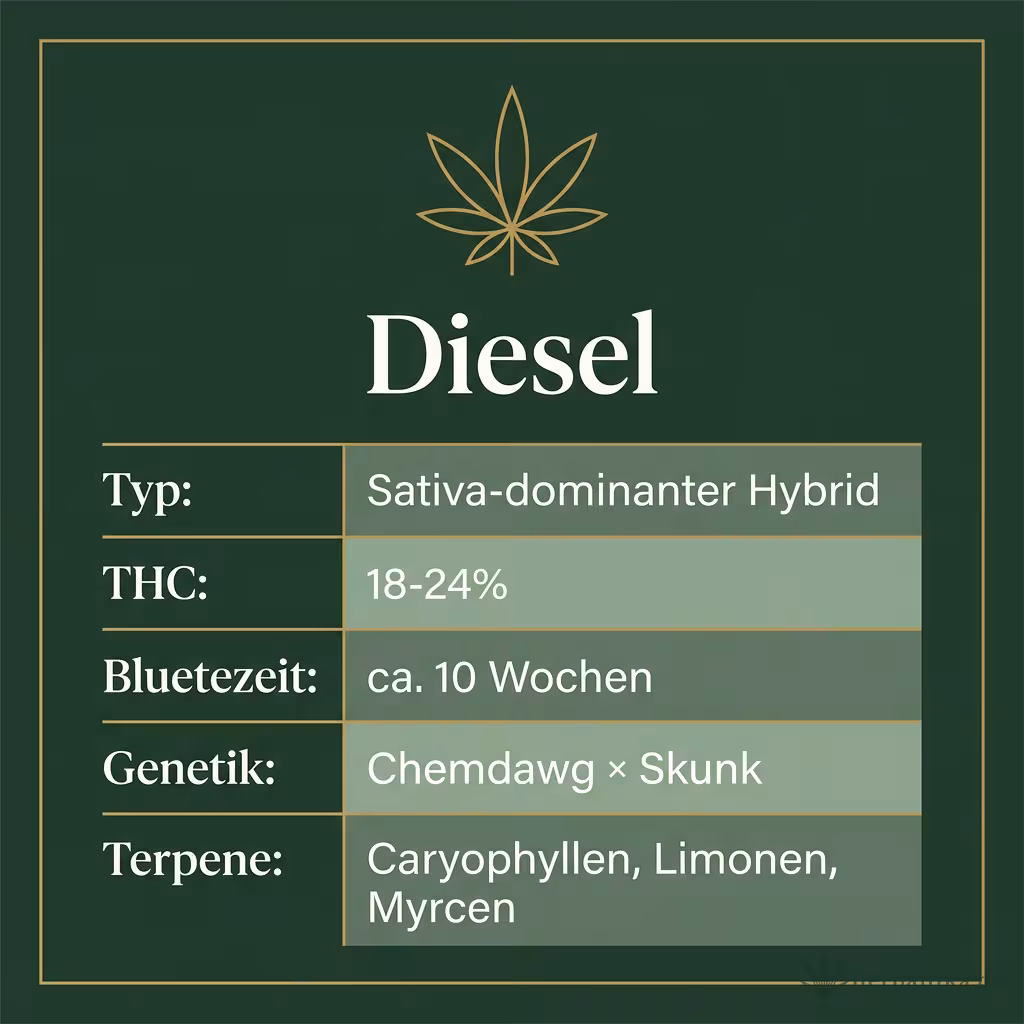 Infografik mit Diesel Key Facts: Typ Sativa-dominanter Hybrid, THC 18-24%, Bluetezeit ca. 10 Wochen, Genetik Chemdawg × Skunk und Terpene Caryophyllen, Limonen, Myrcen
