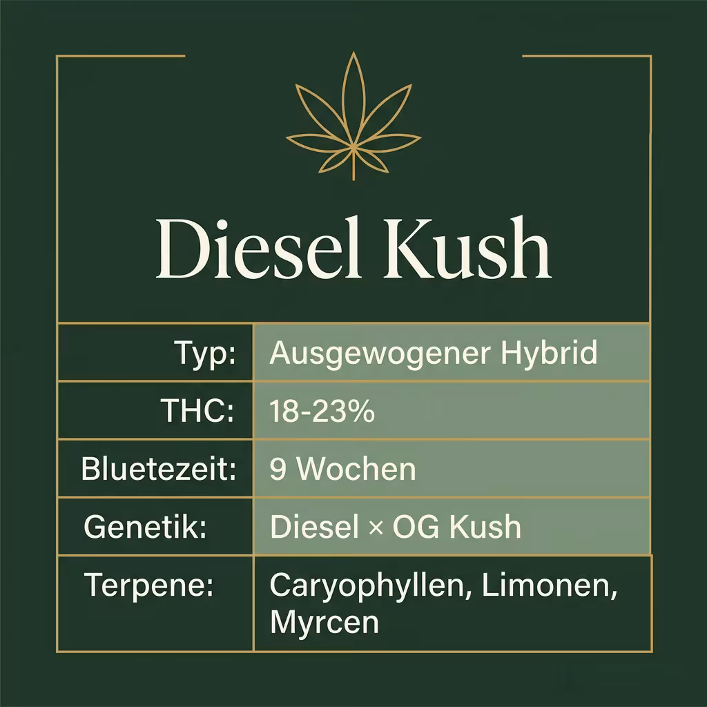 Infografik mit Diesel Kush Key Facts: Typ Ausgewogener Hybrid, THC 18-23%, Bluetezeit 9 Wochen, Genetik Diesel × OG Kush und Terpene Caryophyllen, Limonen, Myrcen