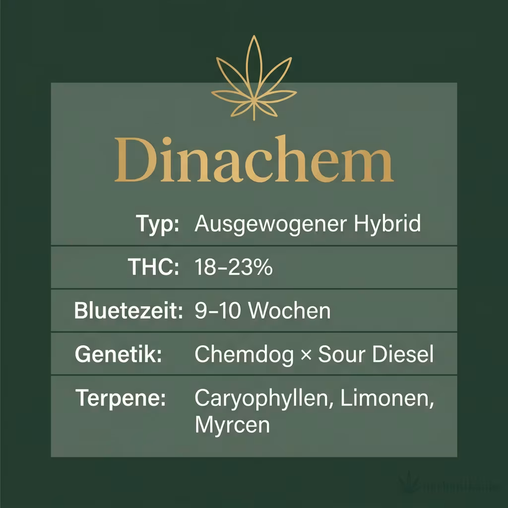 Infografik mit Dinachem Key Facts: Typ Ausgewogener Hybrid, THC 18-23%, Bluetezeit 9-10 Wochen, Genetik Chemdog × Sour Diesel und Terpene Caryophyllen, Limonen, Myrcen
