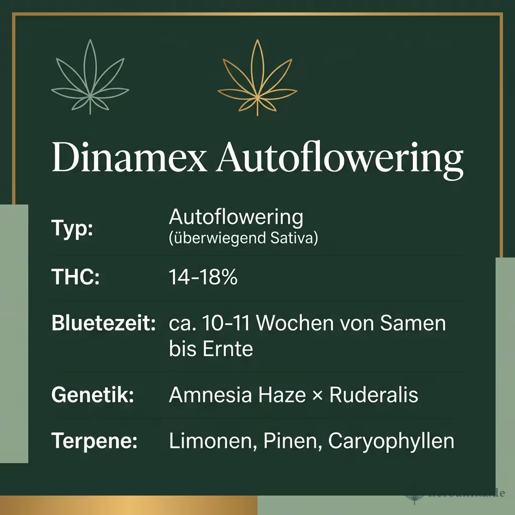 Infografik mit Dinamex Autoflowering Key Facts: Typ Autoflowering (überwiegend Sativa), THC 14-18%, Bluetezeit ca. 10-11 Wochen von Samen bis Ernte, Genetik Amnesia Haze × Ruderalis und Terpene Limonen, Pinen, Caryophyllen